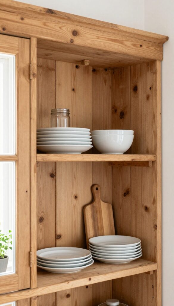 Open shelving with rustic wood in a cozy farmhouse kitchen, displaying dishes and a mason jar in natural light.