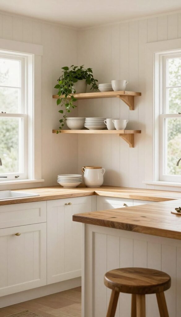 Cozy kitchen with beadboard paneling, open shelves, and natural light