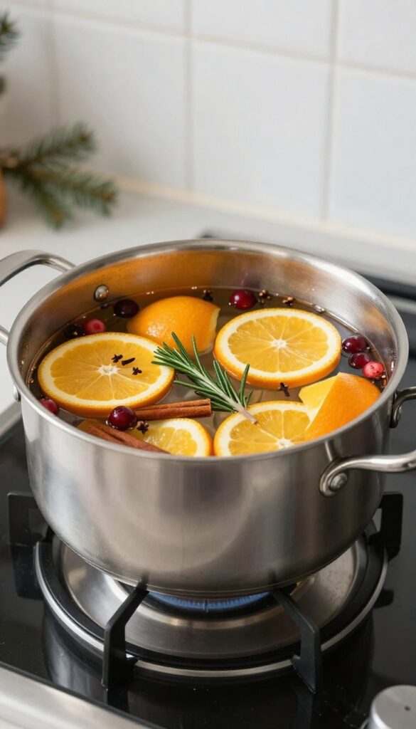 Stove top simmer pot with orange slices, cinnamon, cranberries, and rosemary in clear water on a glass stove, small kitchen setting.