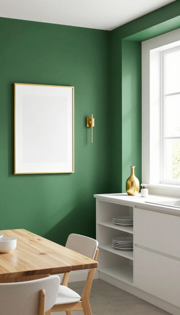 Deep forest green accent wall in kitchen with gold framed art and sconce, light wood table, white countertops, bright natural light