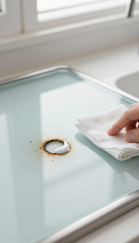 White toothpaste dabbed on a small burnt ring on a glass stovetop, with a microfiber cloth nearby, bright natural light.