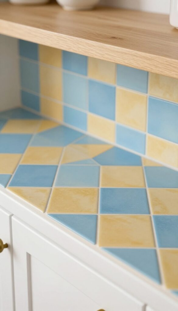 Color-blocked backsplash in Disney palette with blue and gold peel-and-stick tiles in checkerboard pattern, white cabinets, and wood countertop.