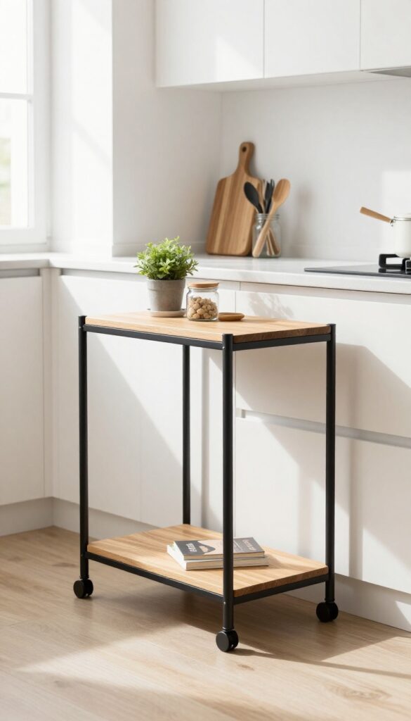 Slim black rolling cart with wood shelves beside white kitchen cabinets, holding kitchen essentials and a plant