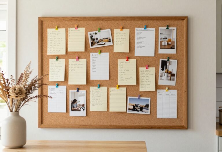 Cozy kitchen with a fabric-covered notice board displaying notes and a weekly menu, warm wood frame, soft lighting, and neutral decor.