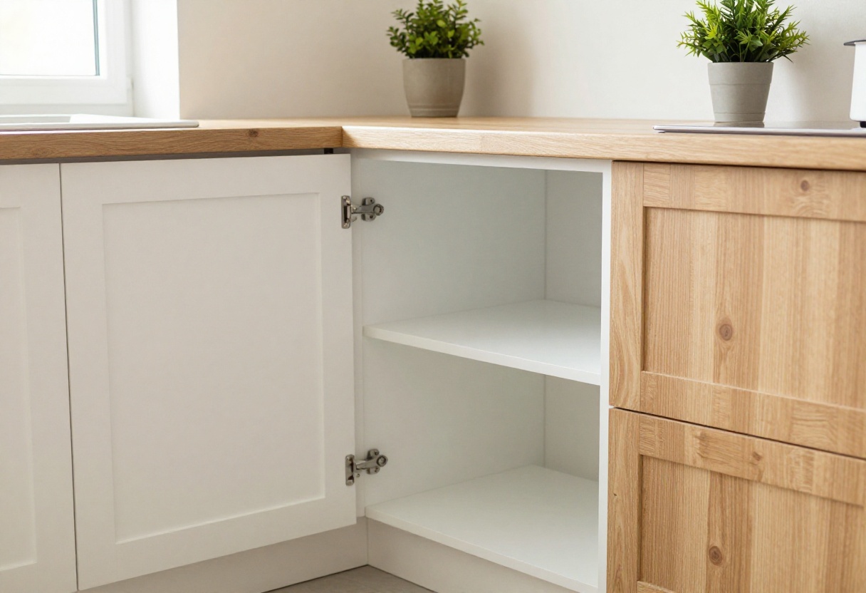 Kitchen corner with open cabinet showing a lazy Susan and potted plant