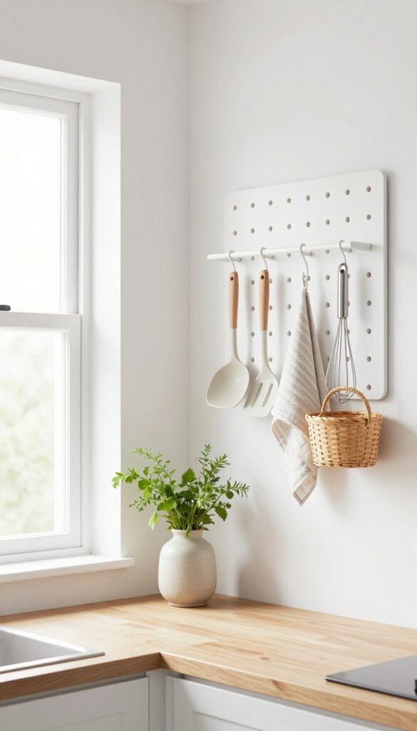 White pegboard on kitchen wall holding utensils and dish towels, with natural light from window.