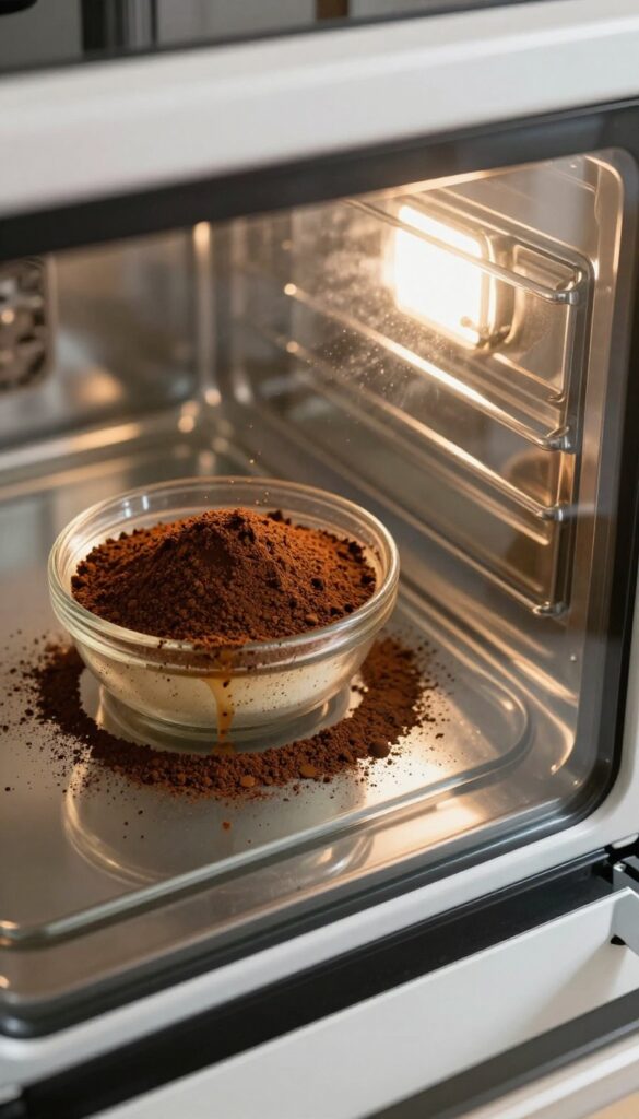 Coffee grounds scrub paste on oven door with sponge and bowl of used grounds