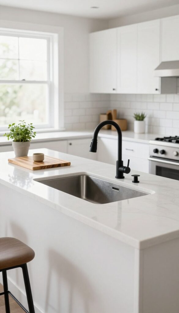 Corner island sink with angled matte black faucet on a white quartz island, bright natural light, clean and airy kitchen.