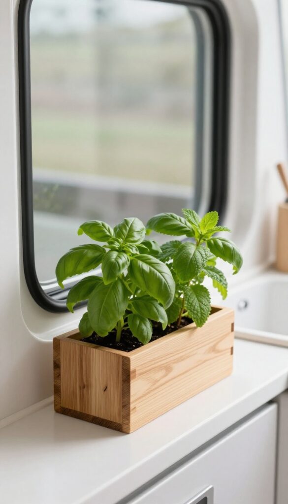 Window-mounted herb planter in a campervan kitchen with fresh herbs and natural light