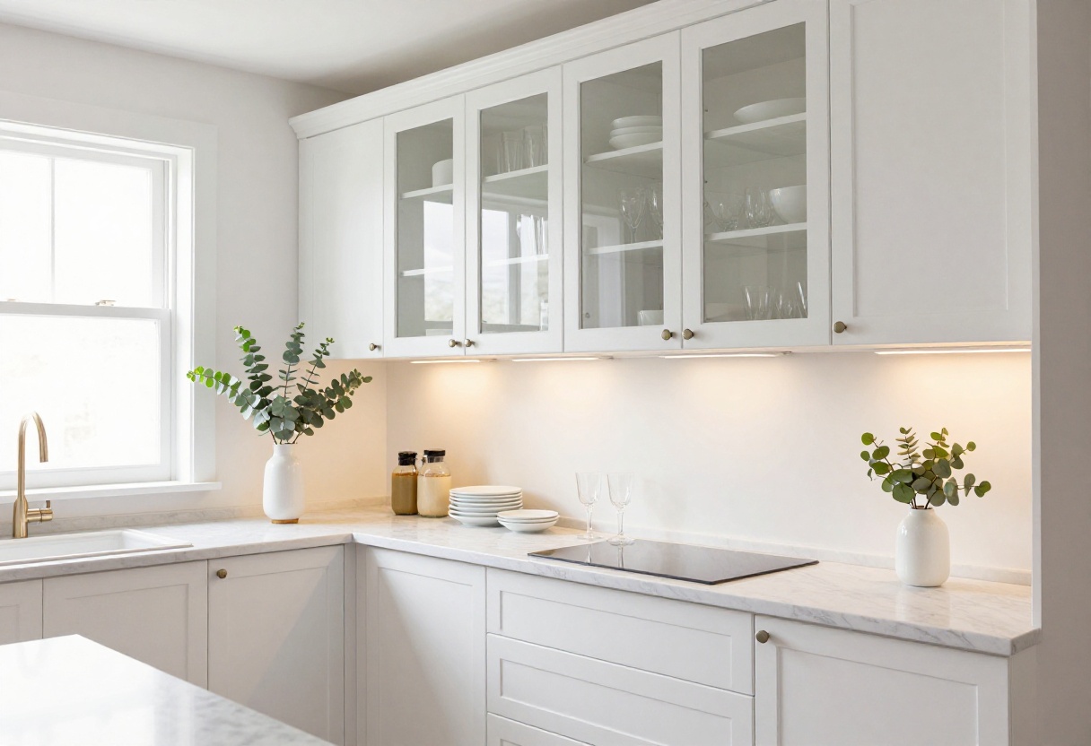 Bright kitchen with white glass-front cabinets displaying dishes, natural light, and marble countertop.