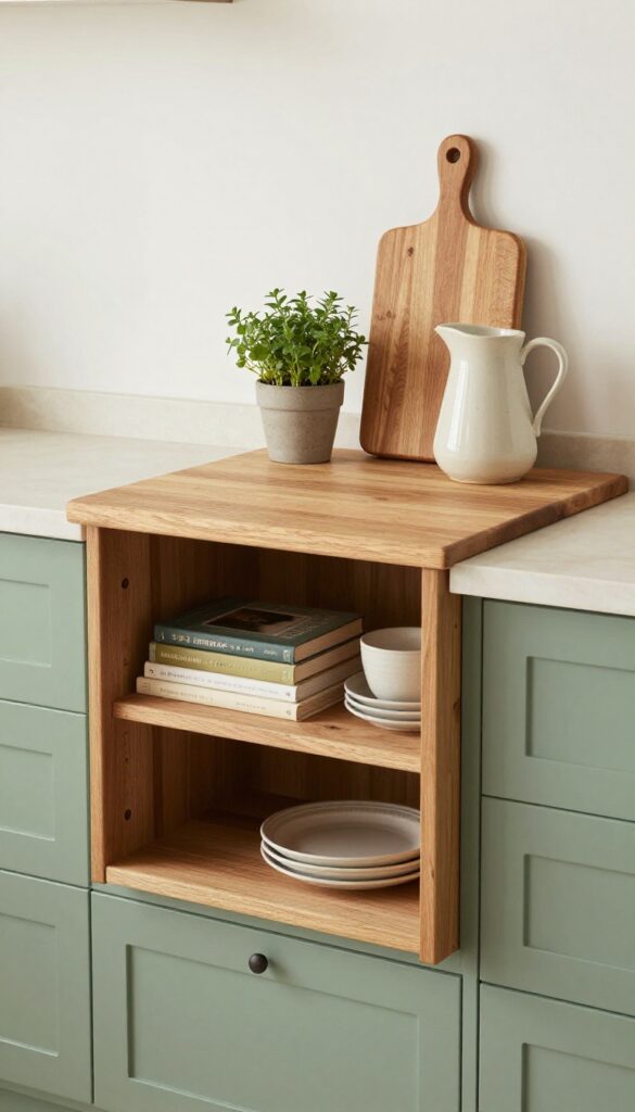 Kitchen island with built-in drawers and open shelves, displaying cookbooks and decor items in a warm, cozy kitchen.