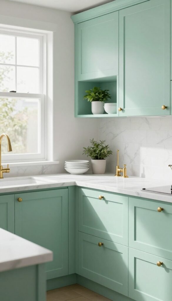 Mint green kitchen cabinets with marble countertops and brass hardware