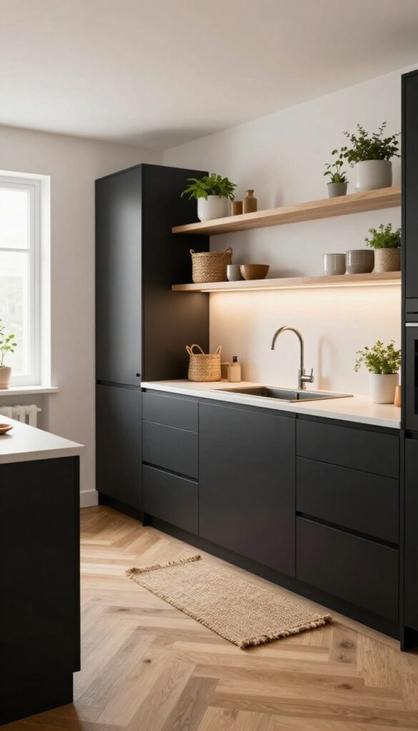 Grey herringbone wood floor with black cabinets, warm lighting, jute runner, and woven baskets in a modern kitchen.