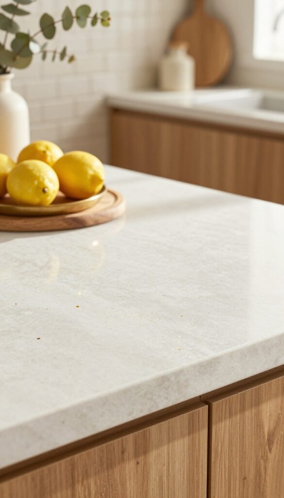 White quartzite countertop with gold flecks, wooden cutting board, brass bowl with lemons, and dried eucalyptus in natural light