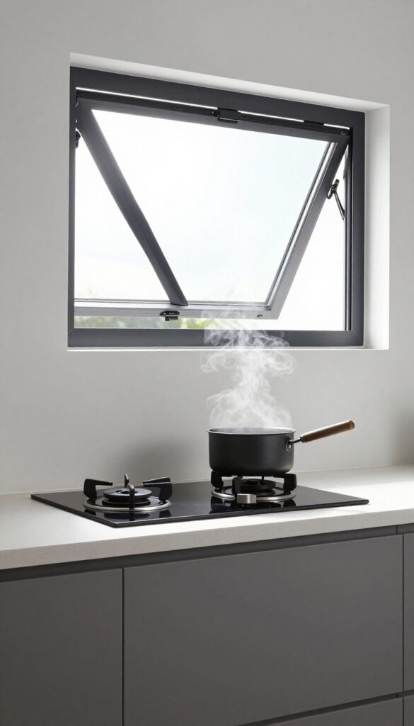 Modern kitchen with an operable skylight open above the stove, letting in natural light and fresh air, with steam rising from cooking.