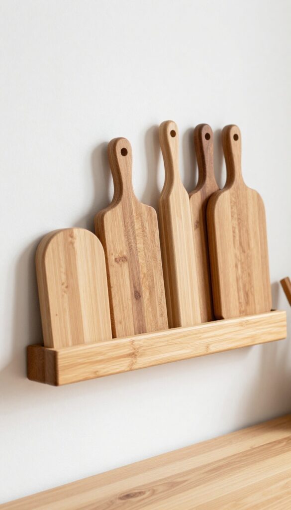 Wall-mounted cutting board storage in a kitchen with wooden boards on a peg rail.