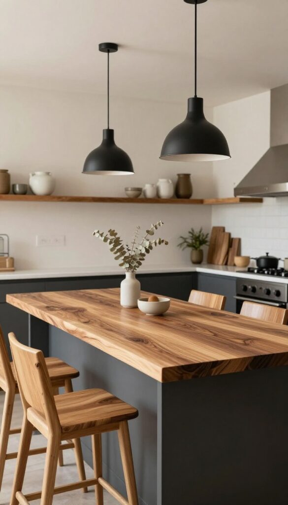 Charcoal grey kitchen island with live-edge wood top, light oak bar stools, black pendant lights, and warm accessories in a bright kitchen.