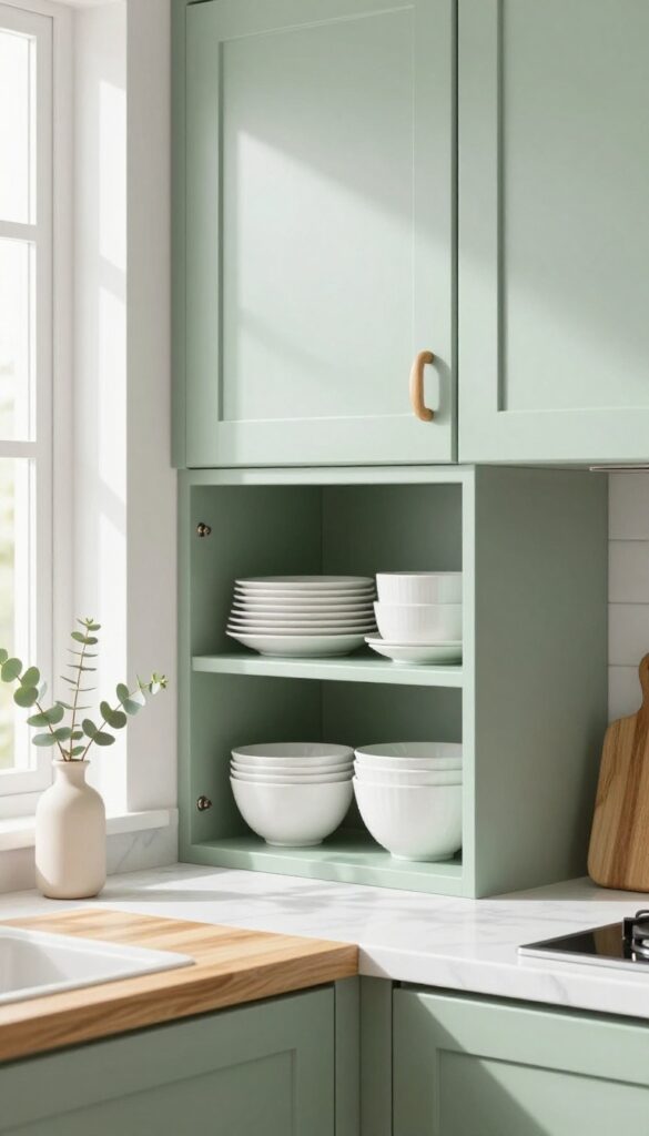 Close-up of sage green kitchen cabinets with open shelving, white dishes, wood accents, and natural light.