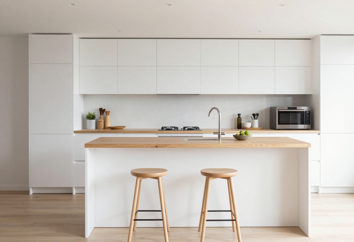 Small modern kitchen island with seating, white cabinetry, and wood countertop