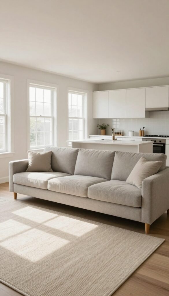 Open concept living room with a beige rug defining the seating area, sofa and chairs on rug, kitchen in background, natural light