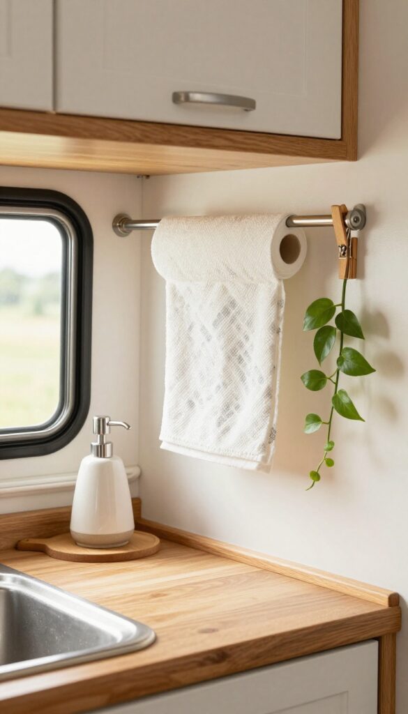 Tension rod under cabinet holding paper towel, dish towel, and small plant in RV kitchen