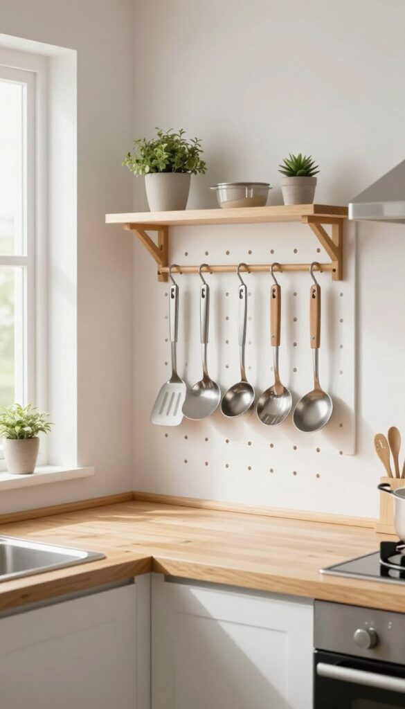 A small kitchen with a white pegboard holding utensils above a wooden countertop, with a potted plant on a shelf.