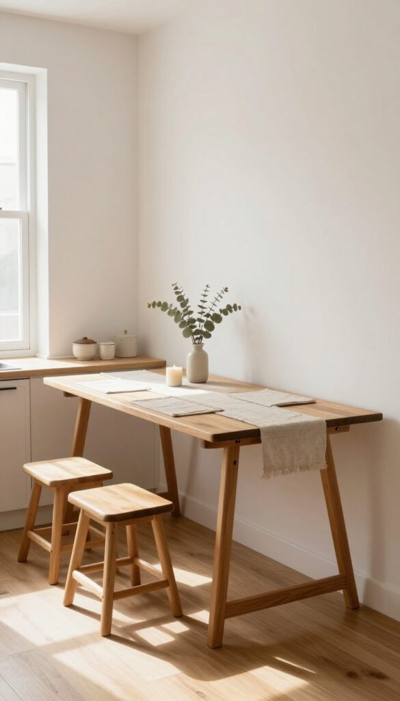 Fold-down table in dining position with stools, in a bright tiny open kitchen and living room