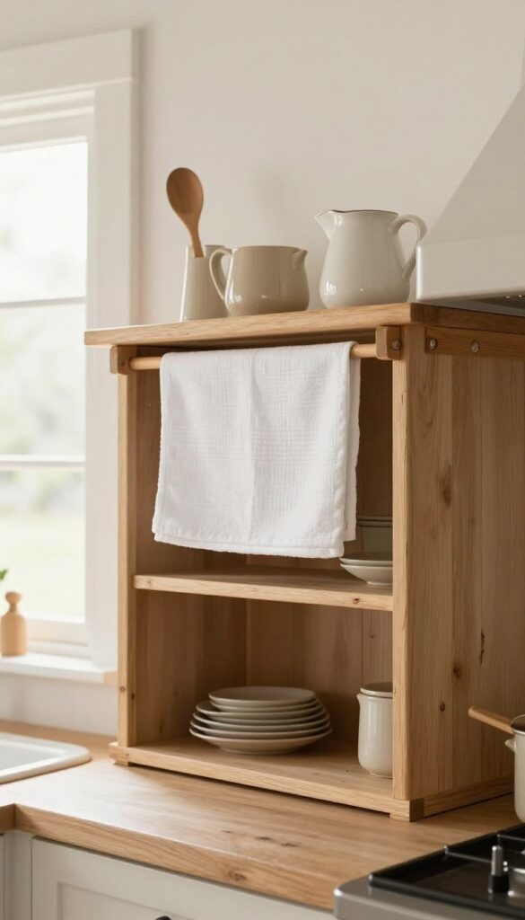 Farmhouse kitchen hood with wooden peg rail holding dish towel, wooden spoon, and ceramic pitcher