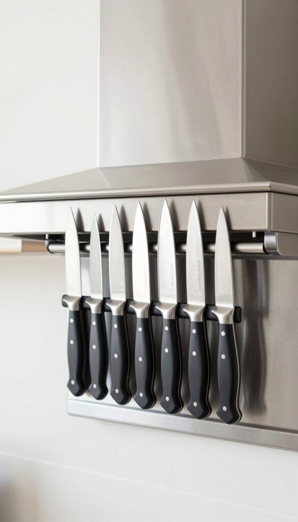 Magnetic knife strip attached to the side of a stainless steel farmhouse range hood, holding knives neatly in a bright kitchen.