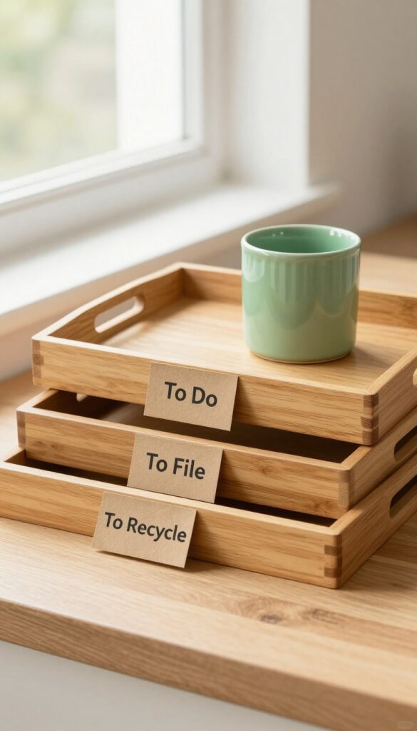 Kitchen desk with stacked wooden trays labeled To Do, To File, To Recycle, with a small green ceramic catchall on top, in natural light.