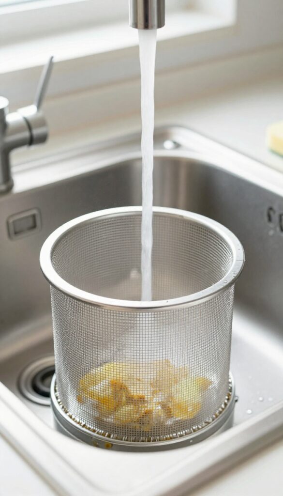 Close-up of a dishwasher filter being rinsed under hot water in a clean kitchen sink.