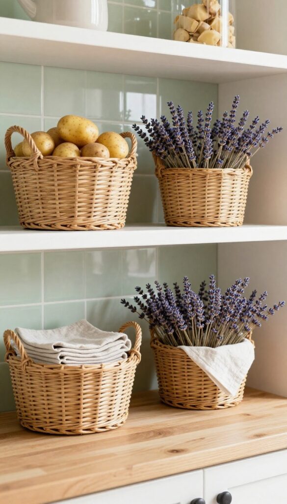 Vintage open storage baskets on a farmhouse kitchen shelf with natural woven textures and dried lavender.