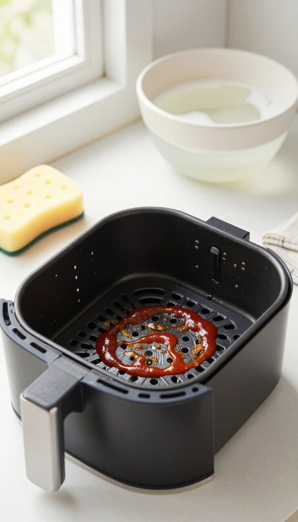 Air fryer basket with ketchup applied to greasy areas, cleaning supplies nearby