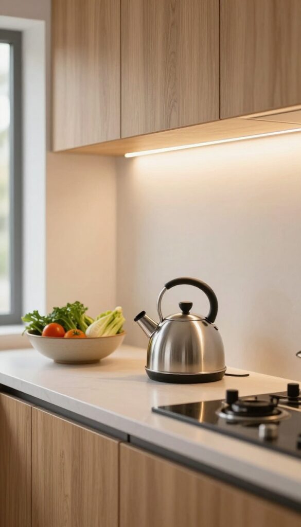 Under-cabinet LED lighting illuminating a kitchen countertop with a kettle and vegetables