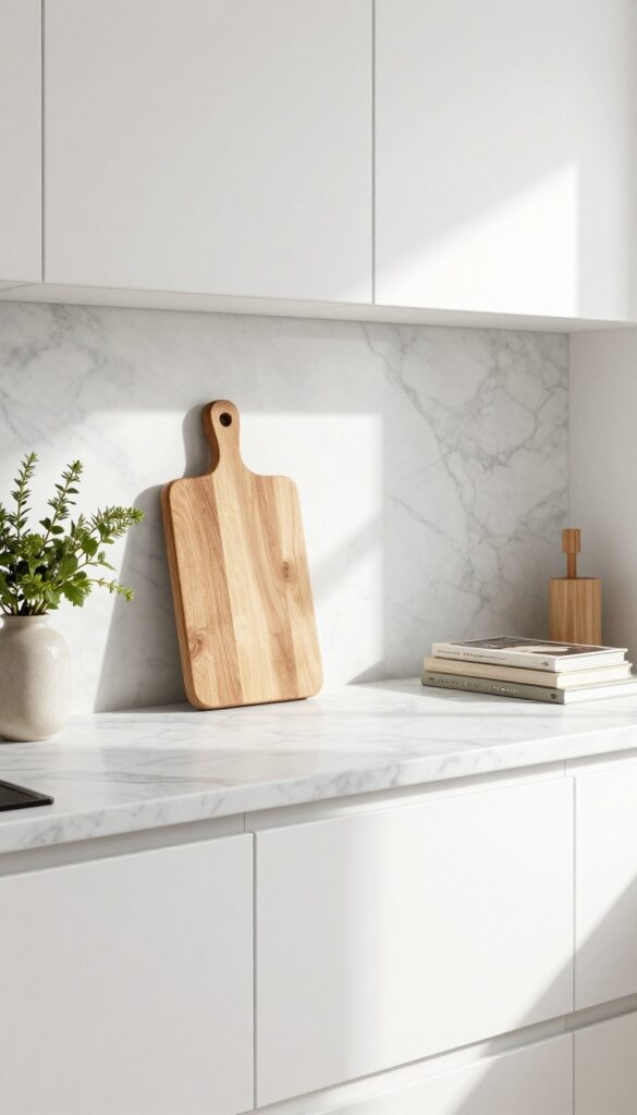 Marble-topped radiator cover in a bright kitchen with herbs and cookbooks on top