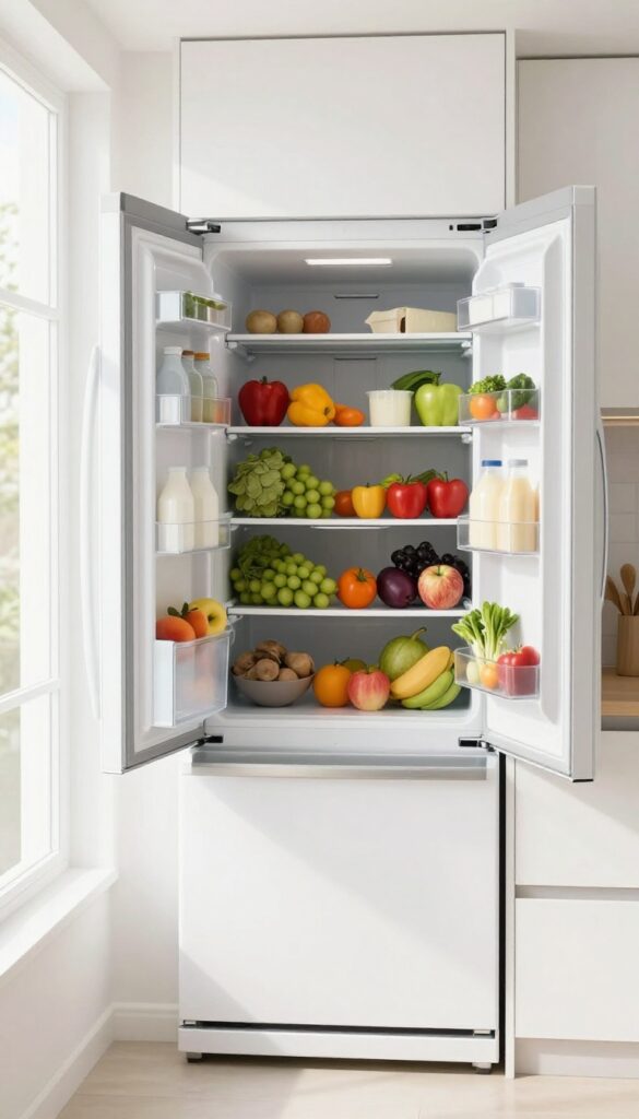 Open empty refrigerator with shelves and drawers removed, food grouped on counter, bright natural light, clean kitchen.