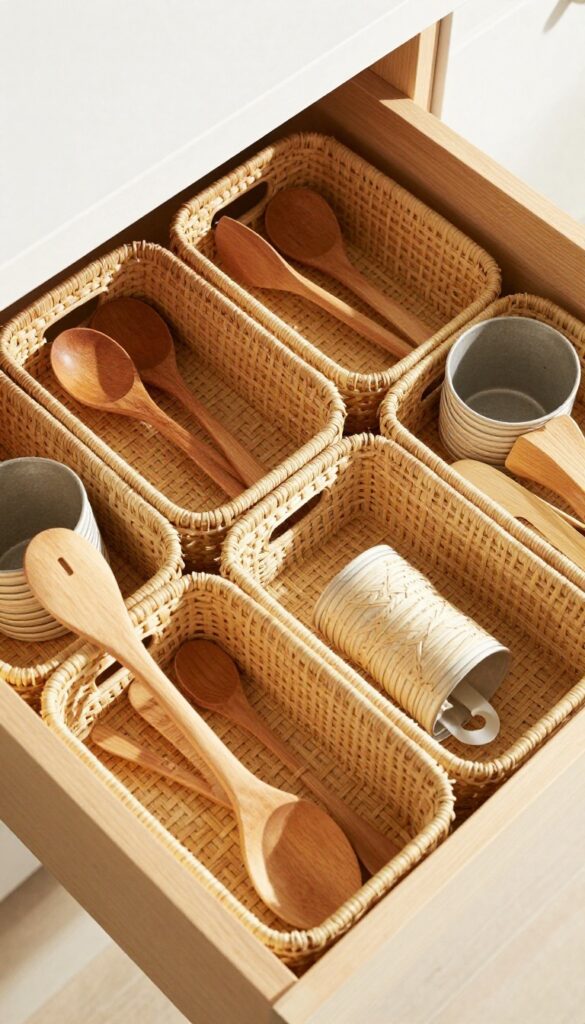 Kitchen drawer organized with seagrass baskets holding utensils and gadgets.
