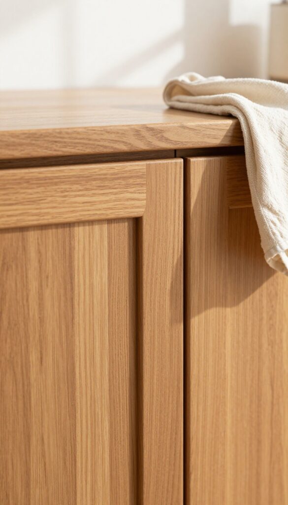 Close-up of a conditioned wood cabinet door with a soft cloth, glowing in natural light.