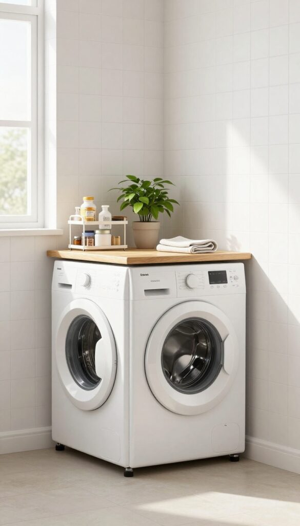 Stacked washer and dryer in a kitchen corner with slim rolling cart and countertop