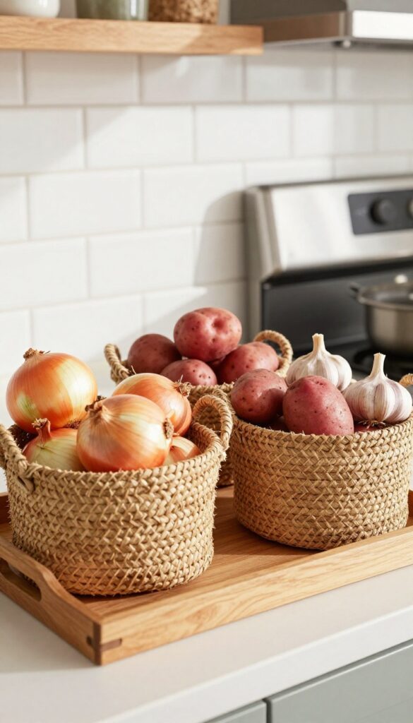 Three open-weave seagrass baskets on a kitchen counter holding onions, potatoes, and garlic, with natural light and a clean tiled backsplash.