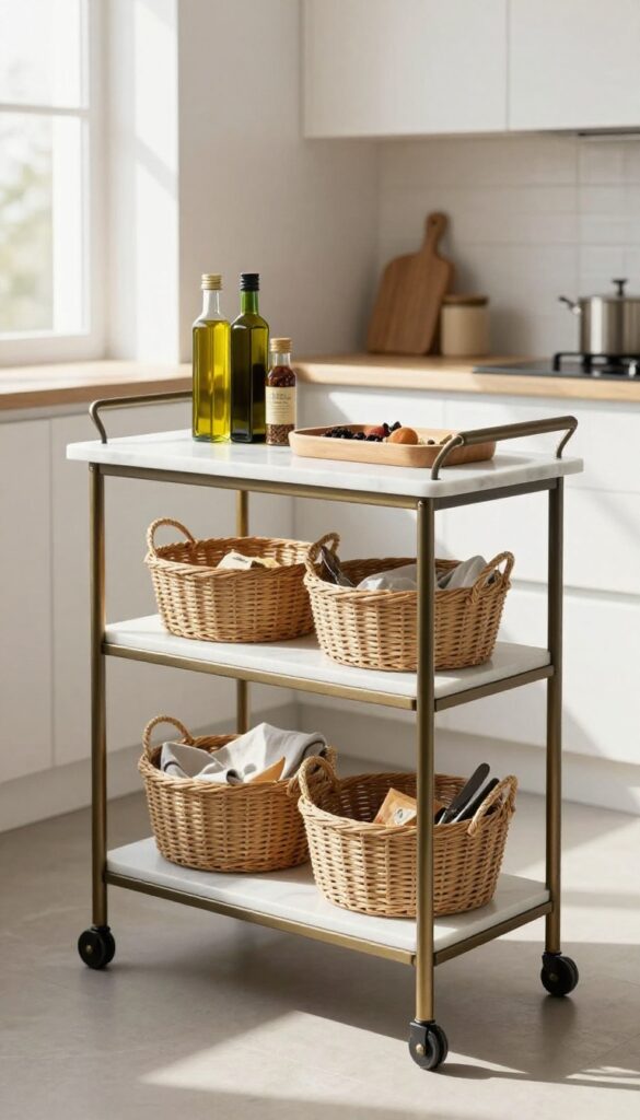 Marble bar cart with woven storage baskets in a bright kitchen