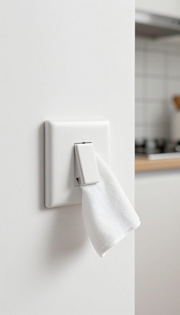 Close-up of a clean light switch and outlet being wiped with a microfiber cloth in a bright kitchen