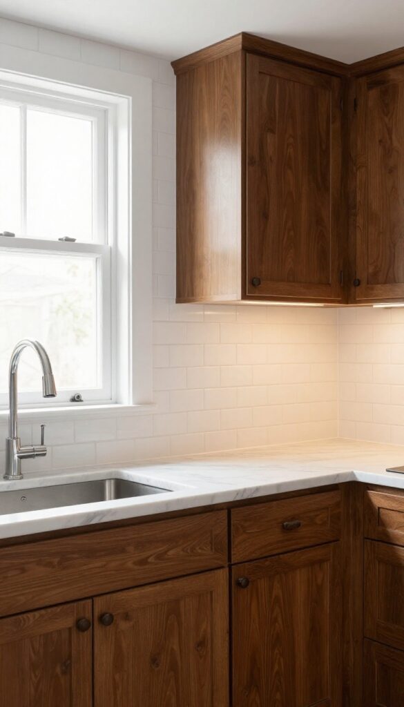 Bright kitchen with brown lower cabinets and white subway tile backsplash extending to ceiling