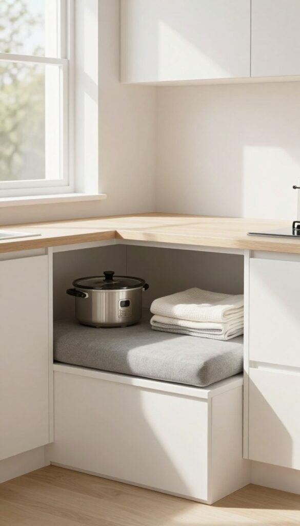 Kitchen bench with hidden storage under lift-up seat, showcasing organized interior and cozy dining nook.