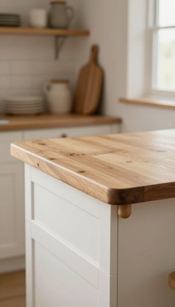Close-up of kitchen island with rounded wooden bun feet, butcher block top, and white cabinets in natural light.