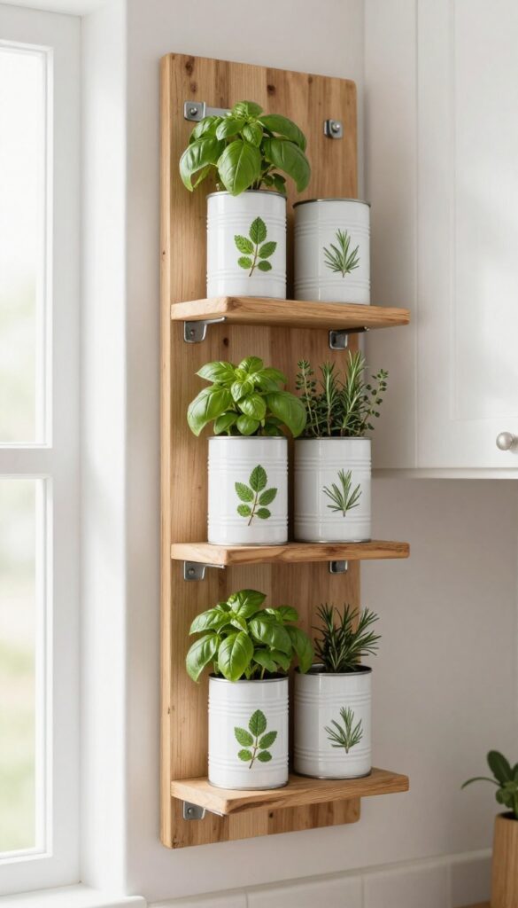 A hanging herb garden made from repurposed tin cans mounted on a wooden board on a kitchen wall, with fresh herbs growing in natural light.