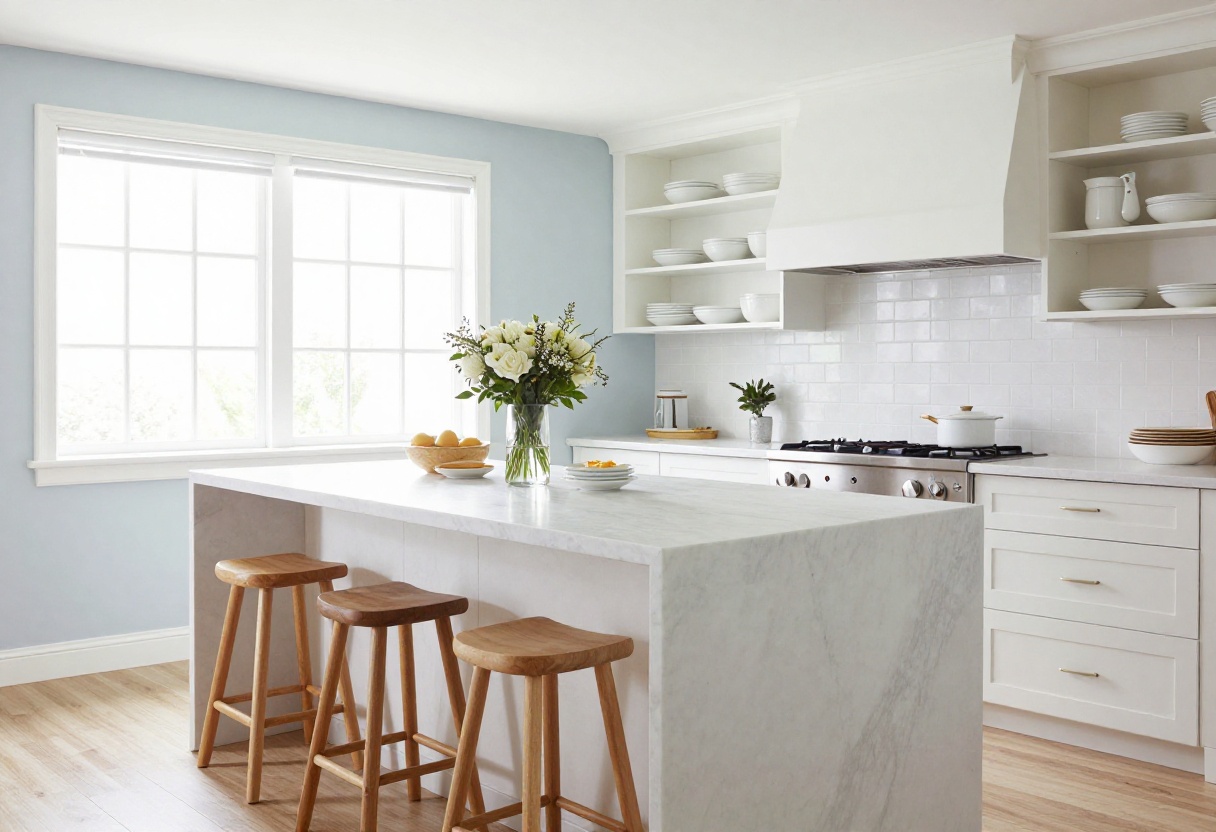 Bright kitchen with white marble island and three slim wooden stools tucked underneath