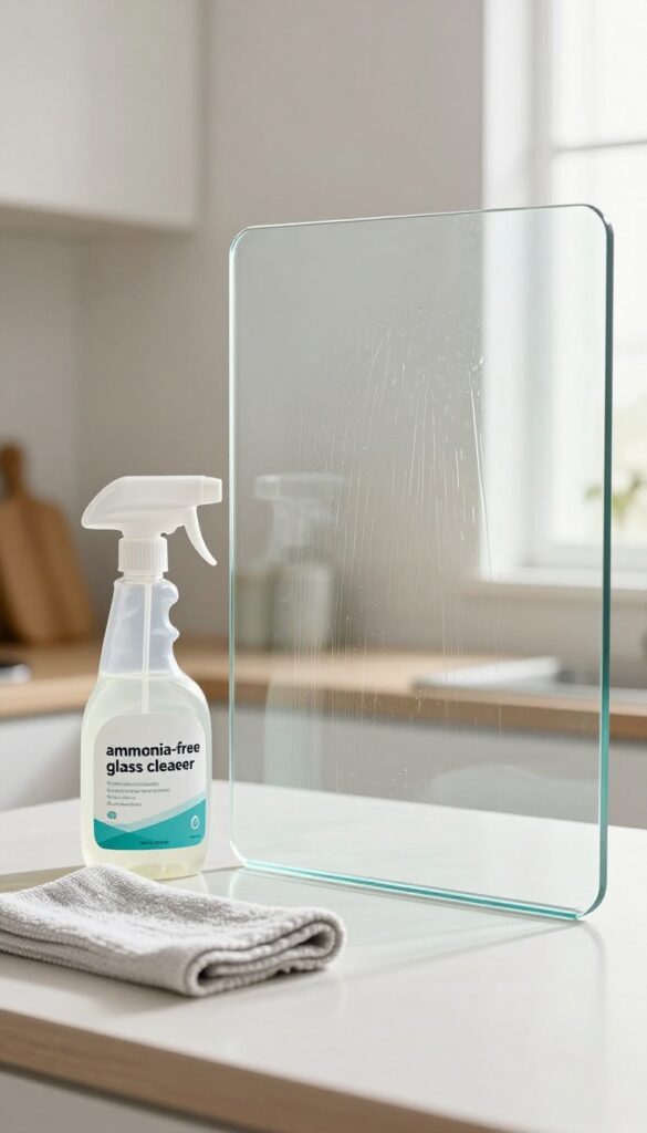 Ammonia-free glass cleaner and microfiber cloth next to a sparkling clean oven glass window
