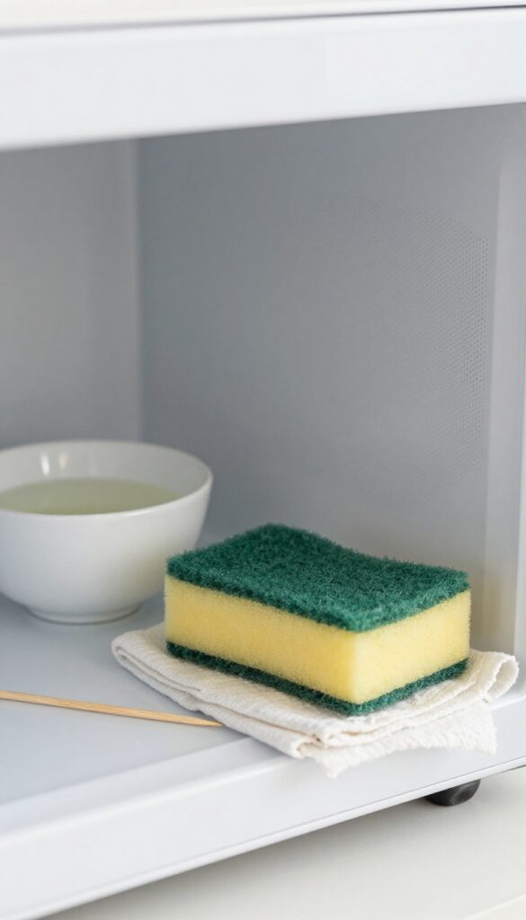 Cleaning stubborn spots inside a microwave with vinegar solution using a soft cloth and toothpick