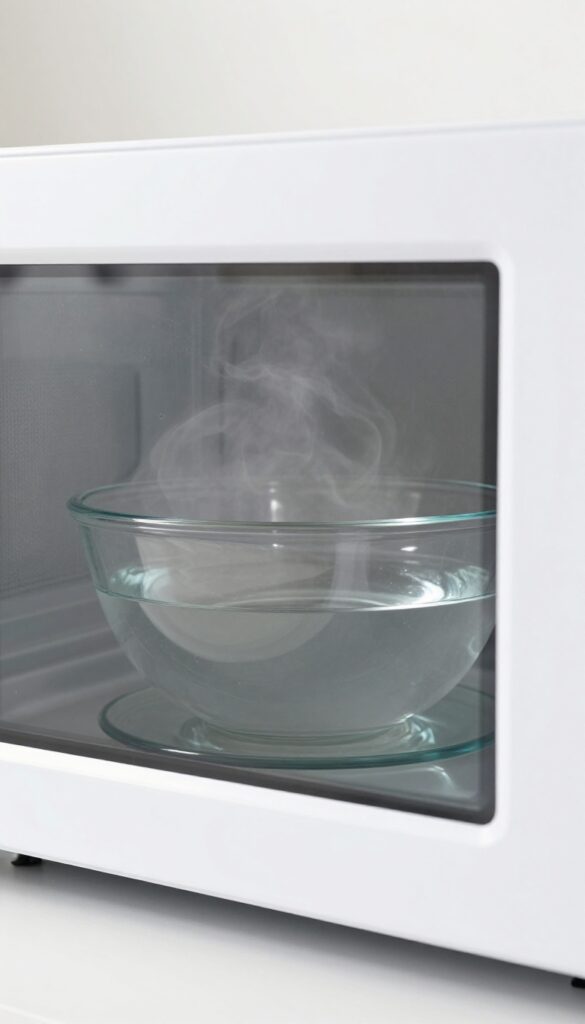 Steam rising from a bowl of water inside a clean microwave